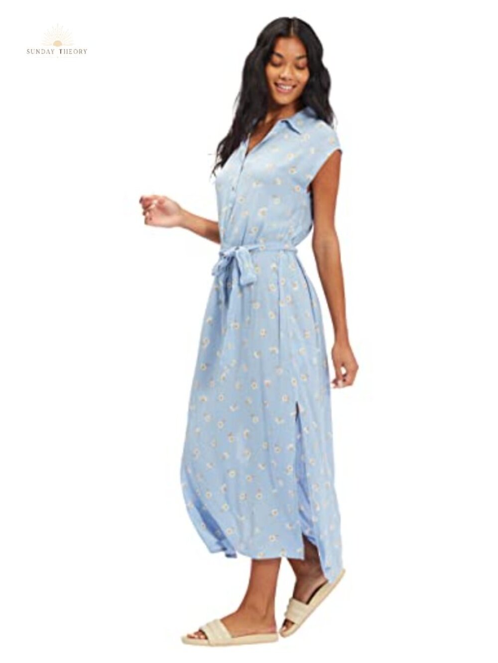 Rayon Button Front Midi Dress with Cap Sleeve & Belt